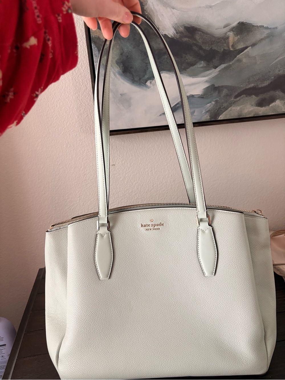 kate spade mint green leather tote with gold logo